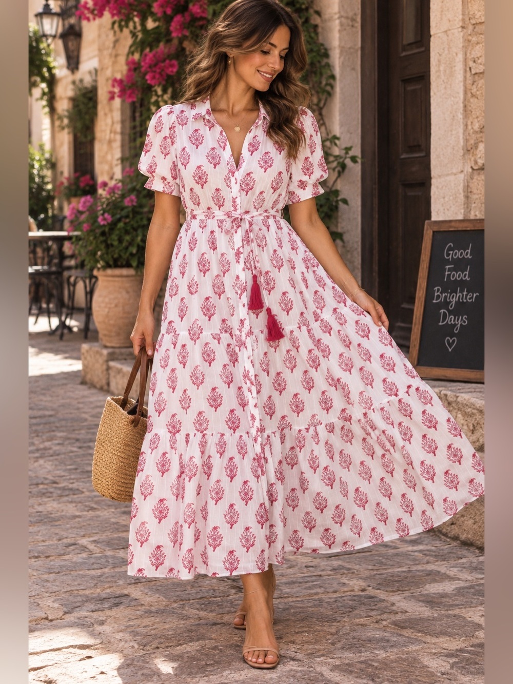 Roller Rabbit Women’s XL White Pink Floral Block Print Maxi Dress Tassel Tie